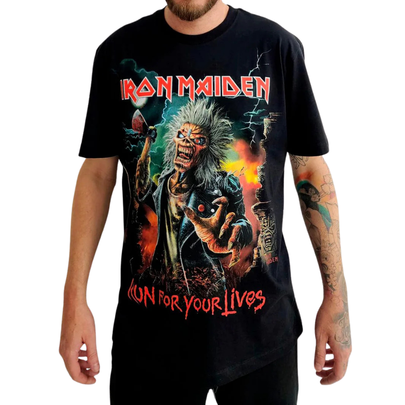 Camiseta Manga Curta Iron Maiden - Run For Your Lives World Tour
