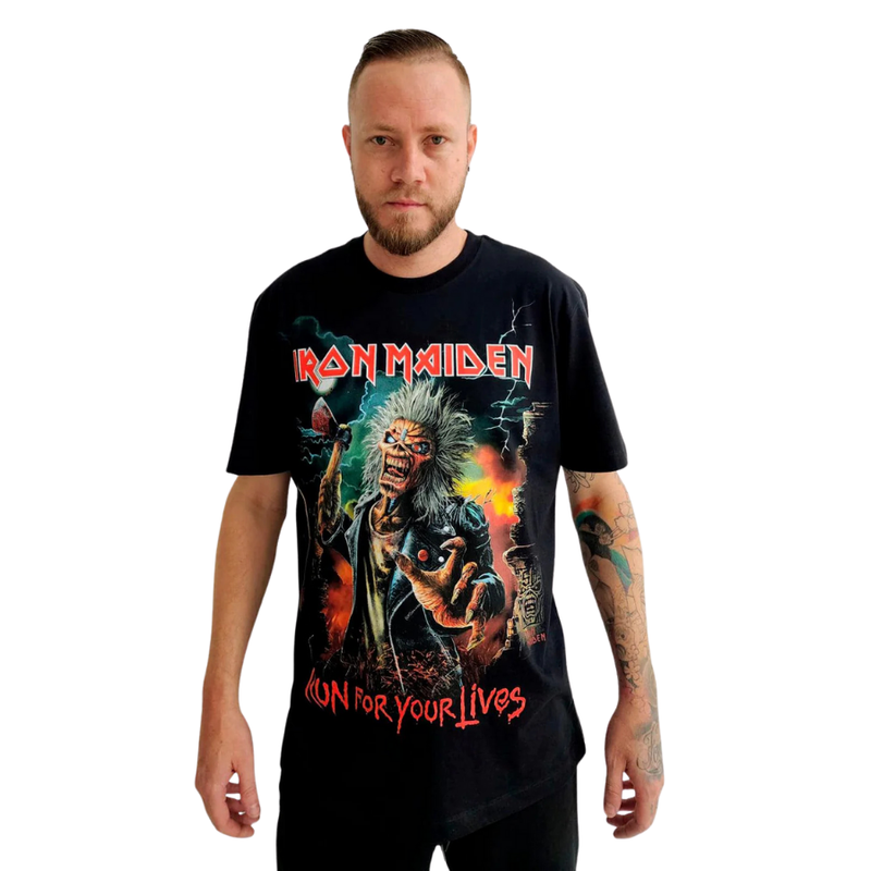Camiseta Manga Curta Iron Maiden - Run For Your Lives World Tour